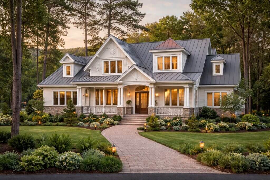 Concept rendering of a custom home with a covered front porch and metal roof