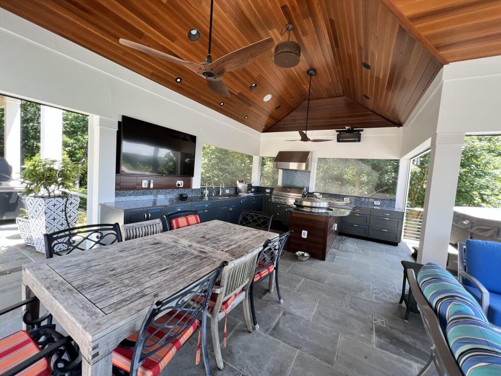 Outdoor living space with fireplace