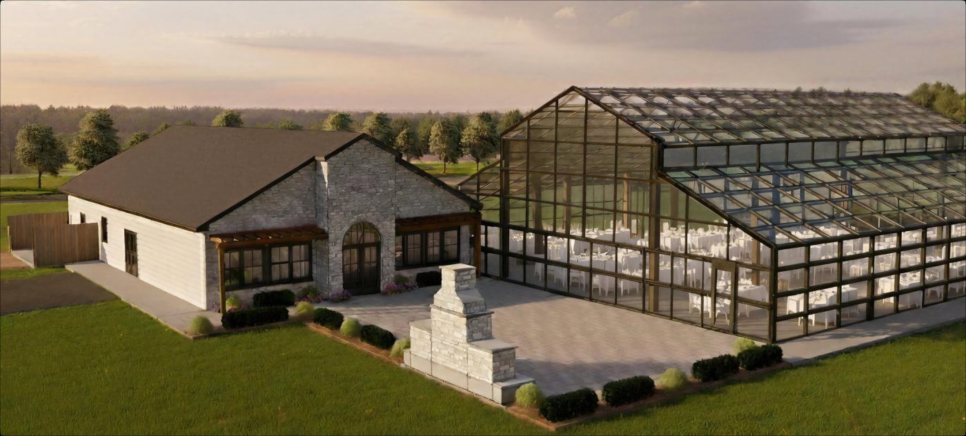 J Lynn Weddings venue with stone reception building and glass event pavilion